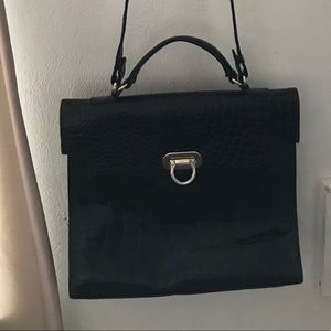 Vintage Furla Croco Emboss Black Leather Handbag